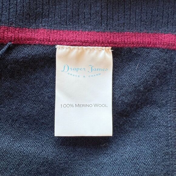 Draper James 100% Wool Cora Cape Open Cardigan in Nassau Navy & Maroon Red Trim - Picture 8 of 11